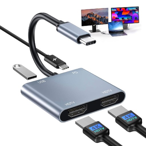 محول متعدد المنافذ من النوع C 4 في 1 – شحن سريع (PD) 100 واط / منفذان لتلفزيون عالي الدقة 4K / USB 3.0 Type-C 4-in-1 Multiport Hub – PD 100W / Dual 4K HDTV / USB 3.0
