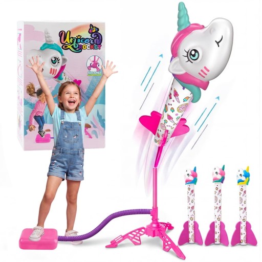 قاذفة يونيكورن وردية تطلق الصواريخ بالهواء للأطفال Pink unicorn launcher that shoots rockets into the air for kids.