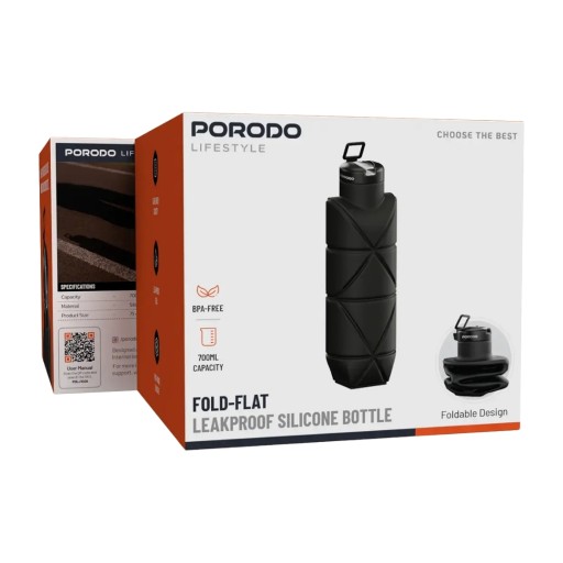 مطارة ماء سيليكون قابلة للطي "بورودو لايف ستايل" سعة 700ml مضادة للتسريب Porodo Lifestyle Fold-Flat Leakproof Food-Grade Silicone Bottle 700mL
