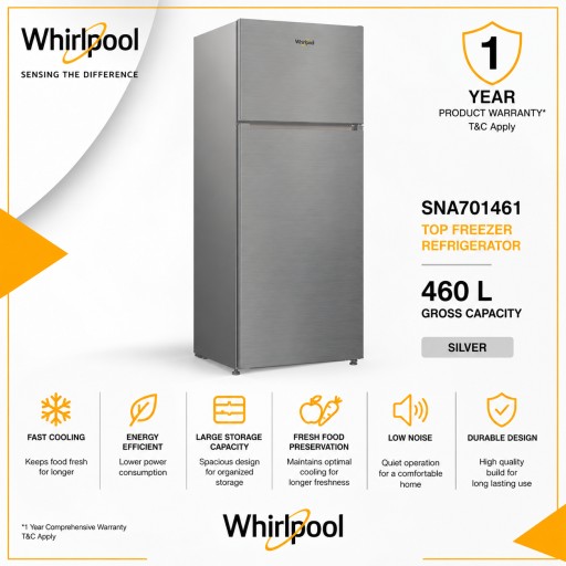 ثلاجة Whirlpool بفريزر علوي 465 لتر / 17 قدم – كفاءة طاقة A+ – Fresh Box Whirlpool Top Freezer Refrigerator 465L / 17 FT – A+ Energy Efficiency – Fresh Box
