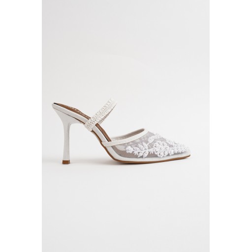 Muggo PEARLY حذاء نسائي بكعب رفيع مدبب مزين بالخرز والشبك - أبيض Muggo PEARLY Pointed Toe Beaded Mesh Stiletto Mules for Women - White