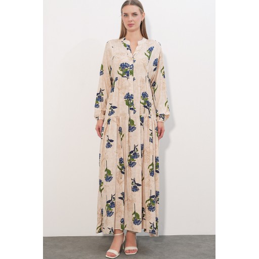 فستان نسائي طويل محتشم بنقشة 2585 - C.Mavi Women's Patterned Long Modest Dress 2585 - C.Mavi