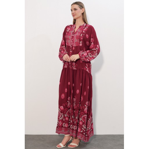 فستان نسائي طويل محتشم بنقشة 2585 - C. Bordo Women's Patterned Long Modest Dress 2585 - C. Bordo