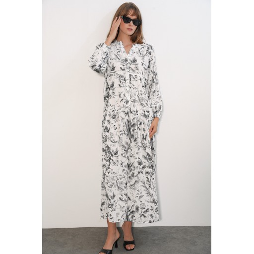 فستان نسائي طويل محتشم بنقشة - أبيض - 2585 Women's Patterned Long Modest Dress 2585 - White