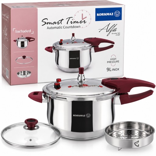قدر ضغط KORKMAZ Alfa A1609 سعة 9 لتر KORKMAZ Alfa A1609 9L Stainless Steel Pressure Cooker