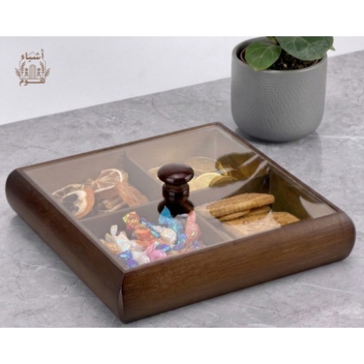 صندوق تقديم وتخزين خشبي مقسم مع غطاء أظرف شفاف Wooden Divided Serving Box with Transparent Lid