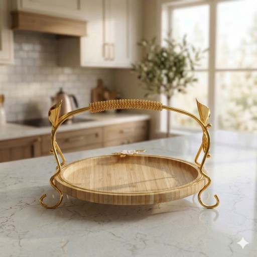 صينية تقديم خشبية دائرية بحامل معدني ذهبي ومقبض مزخرف Round Wooden Serving Tray with Gold Metal Stand & Handle