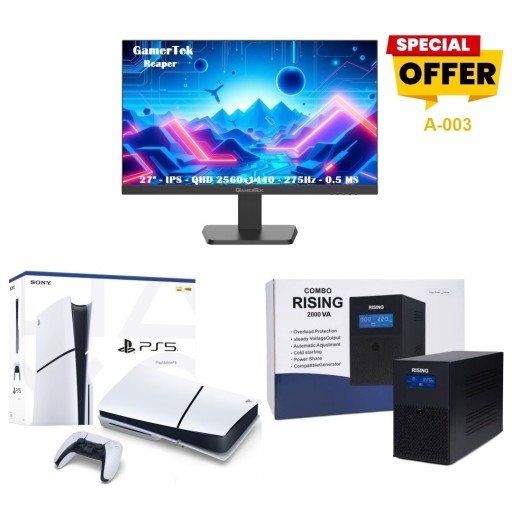 باندل السرعة PS5 Slim Speed Master Setup Bundle (Console + GamerTek Reaper 27" QHD 275Hz 0.5ms + Rising 2000VA UPS)
