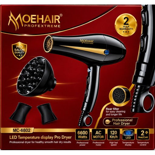 مجفف وسشوار الشعر الاحترافي بمحرك AC بقوة 6600 واط وشاشة LED من مويهير MOEHAIR Pro Extreme 6600W Professional AC Motor Hair Dryer with LED Display & Accessories (Model: MC-6602)