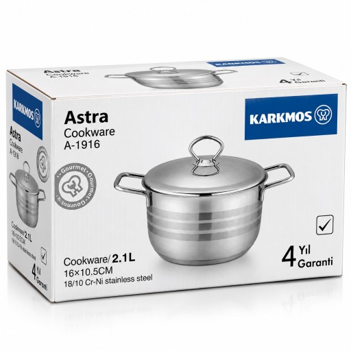 قدر KARKMOS أسترا ستانلس ستيل مع غطاء 16 سم – 2.1 لتر Stainless Steel Casserole with Lid 16 cm – 2.1L
