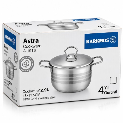 قدر KARKMOS أسترا ستانلس ستيل مع غطاء 18 سم – 2.9 لتر Stainless Steel Casserole with Lid 18 cm – 2.9L