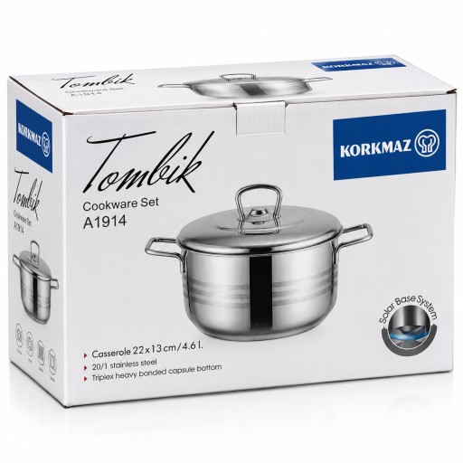 قدر تومبيك KORKMAZ ستانلس ستيل مع غطاء 22 سم – 4.6 لتر Stainless Steel Casserole with Lid 22 cm – 4.6L