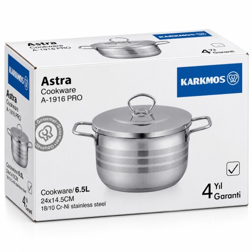 قدر KARKMOS أسترا برو ستانلس ستيل مع غطاء 24 سم – 6.5 لتر Stainless Steel Casserole with Lid 24 cm – 6.5L