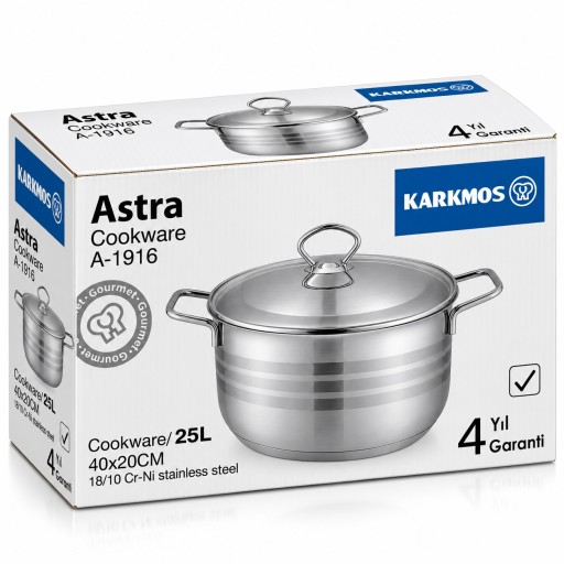 قدر KARKMOS أسترا ستانلس ستيل مع غطاء 40 سم – 25 لتر Stainless Steel Casserole with Lid 40 cm – 25L