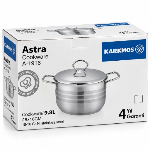 قدر KARKMOS أسترا ستانلس ستيل مع غطاء 28 سم – 9.8 لتر Stainless Steel Casserole with Lid 28 cm – 9.8L
