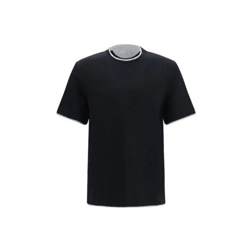 تيشيرت رجالي برونيلو كوتشينيلي قطني أسود بتفاصيل متباينة Brunello Cucinelli Men's Cotton T-Shirt – Black