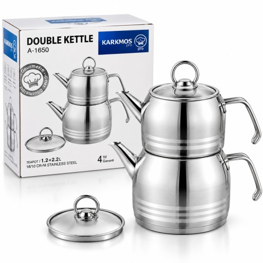 طقم إبريق شاي مزدوج كاركموس برو ستانلس ستيل Double Kettle Stainless Steel 1.2 + 2.2L