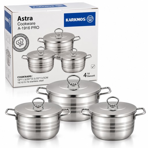 طقم قدور كاركموس أسترا برو ستانلس ستيل 6 قطع KARKMOS Astra Pro A-1916 6-Piece Stainless Steel Cookware Set