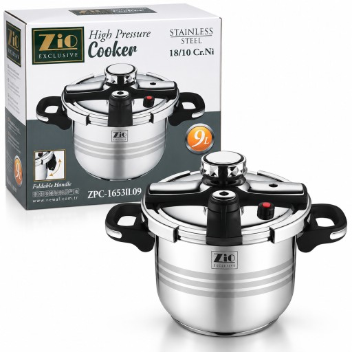 قدر ضغط زيو إكسكلوسيف ستانلس ستيل 9 لتر بمقابض قابلة للطي ZiO Exclusive High Pressure Cooker 9L with Foldable Handles