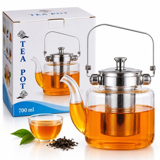 إبريق شاي زجاجي بمصفاة ستانلس ستيل Glass Tea Pot with Stainless Steel Infuser 700ml
