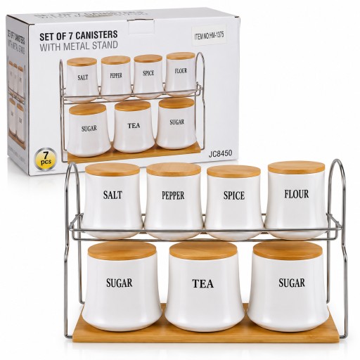 طقم علب تخزين 7 قطع مع حامل معدني 7-Piece Canister Set with Metal Stand – JC8450