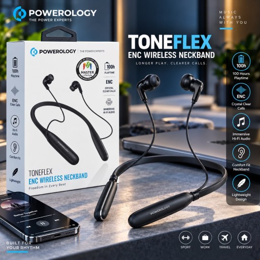 باورولوجي تونفلكس سماعة رقبة لاسلكية ENC – 100 ساعة  English Name Powerology Toneflex ENC Wireless Neckband – 100H