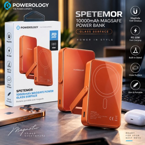 باورولوجي سبيتيمور باور بانك MagSafe سعة 10000mAh – سطح زجاجي Powerology Spetemor 10000mAh MagSafe Power Bank – Glass Surface