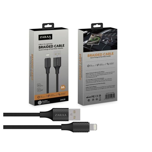 كيبل شحن ونقل بيانات za528l ZARAA USB-A to Lightning Braided Cable 6A (ZA528l)