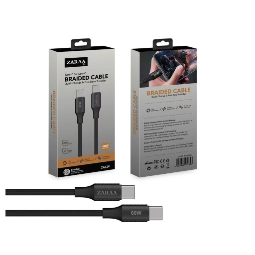 كيبل شحن ونقل بيانات (ZA529C) ZARAA Type-C to Type-C Braided Cable 60W (ZA529C)