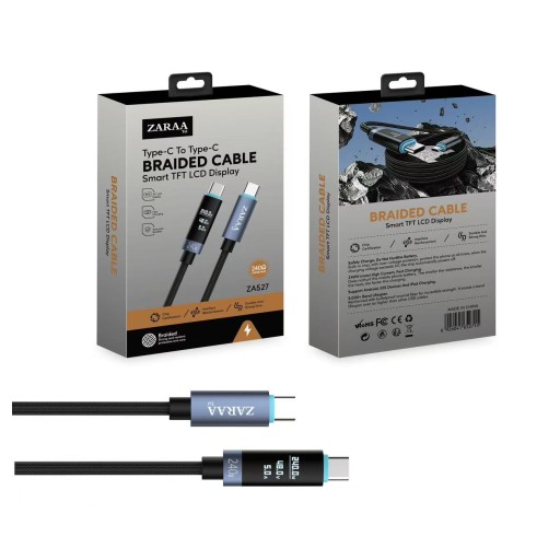 كيبل شحن ونقل بيانات (ZA527C) ZA527C) Tel Type-C To Type-C Braided Cable Smart TFT LCD Display)