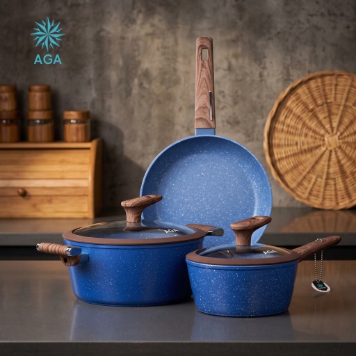 سيت قدر وطاوة وكسرولة كرانيت 3 ق ماركة AGA AGA Set 1 Pot 1 Pan 1 Casserole