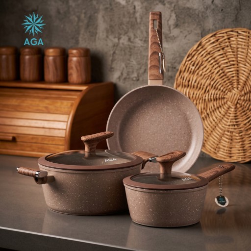 سيت قدر وطاوة وكسرولة كرانيت 3 ق ماركة AGA AGA Set 1 Pot 1 Pan 1 Casserole