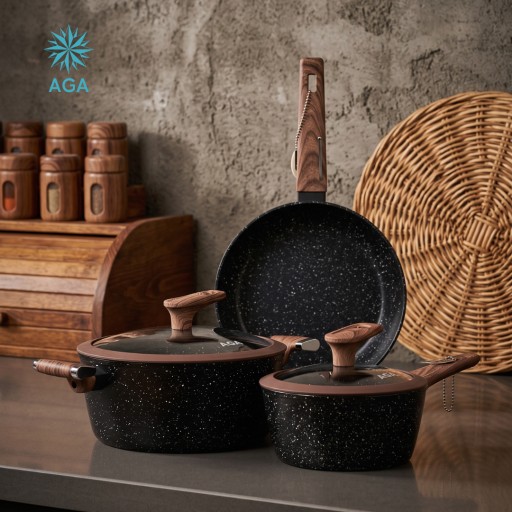 سيت قدر وطاوة وكسرولة كرانيت 3 ق ماركة AGA AGA Set 1 Pot 1 Pan 1 Casserole
