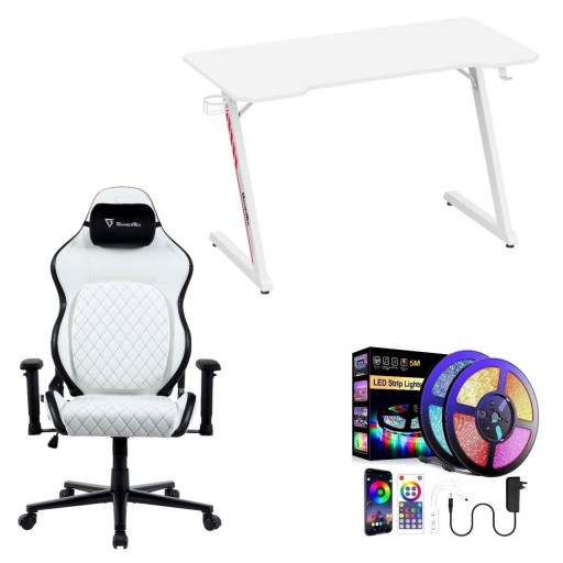 بكج سيت اب قيمنق متكامل (ميز ألعاب كاربون فايبر + كرسي قيمنق احترافي أبيض + شريط ليد RGB) Complete White Gaming Setup Bundle (Carbon Fiber LED Desk + Ergonomic Chair + RGB Strip)