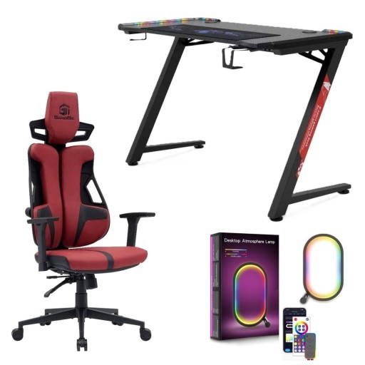 بكج سيت اب قيمنق متكامل (ميز ألعاب Z-Shape أسود مع إضاءة + كرسي قيمنق أحمر كيمر تك + إضاءة حلقة دائرية ذكية) Complete Gaming Setup Bundle (Black RGB Z-Desk 120cm + Red Gamertek Chair + Smart RGB Desktop Ring Lamp)