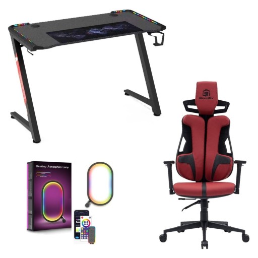 بكج سيت اب قيمنق متكامل (ميز ألعاب Z-Shape أسود مع إضاءة + كرسي قيمنق كيمر تك + إضاءة حلقة دائرية ذكية) Complete Gaming Setup Bundle (Black RGB Z-Desk 120cm + Gamertek Chair + Smart RGB Desktop Ring Lamp)