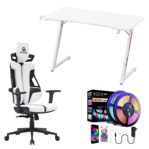 بكج سيت اب قيمنق متكامل (ميز Z-Shape أبيض 120 سم + كرسي قيمنق أبيض كيمر تك + شريط ليد RGB) Complete White Gaming Setup Bundle (White Z-Desk 120cm + White Gamertek Chair + RGB LED Strip)
