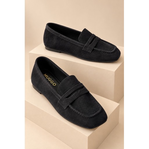 Muggo DORİAN حذاء لوفر نسائي جلدي بكعب مخفي ومقدمة مربعة - أسود Muggo DORİAN Women's Hidden Heel Leather Square Toe Loafer - Black