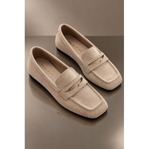 حذاء لوفر نسائي Muggo DORİAN يومي بكعب مخفي ومقدمة مربعة - بيج Muggo DORİAN Women's Hidden Heel Leather Square Toe Daily Loafer Moccasins - Beige