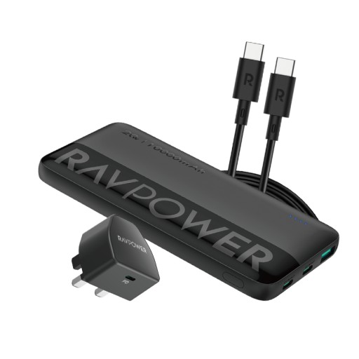 باقة RAVPower PC1085 شاحن جداري 20 واط وباور بانك 10000mAh مع كيبل USB-C أسود RAVPower PC1085 Combo 20W Wall Charger 10000mAh Power Bank with USB-C Cable Black