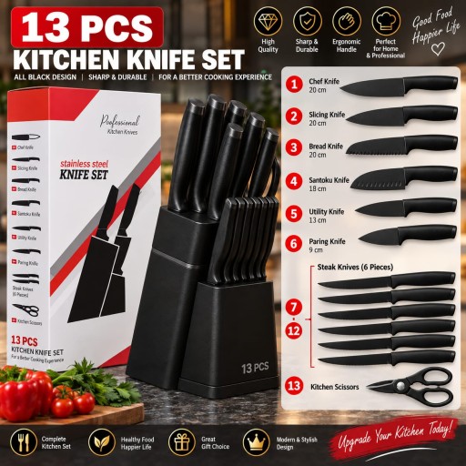 طقم سكاكين مطبخ 13 قطعة باللون الأسود مع حامل ومقص 13-Piece Black Kitchen Knife Set with Block and Scissors
