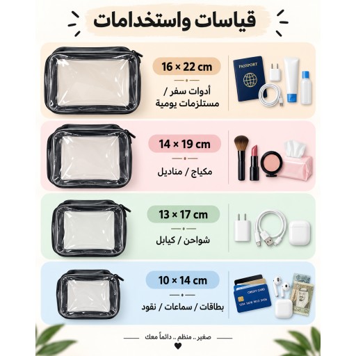 طقم حقائب شفافة متعددة الاستخدام 4 قطع 4-Piece Clear Multi-Purpose Pouch Set