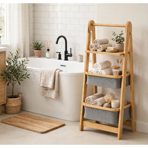 Wooden bathroom stand, 2 tiers, with shelf