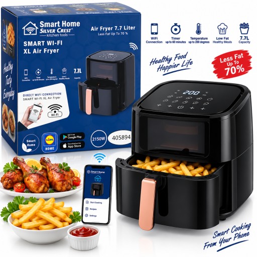قلاية هوائية ذكية Silver Crest Smart Home بسعة 7.7 لتر مع Wi-Fi Silver Crest Smart Home Wi-Fi XL Air Fryer 7.7L