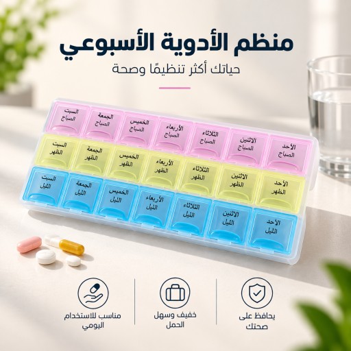 منظم الأدوية والفيتايمينات الأسبوعي بـ 21 خانة مقسمة باللغة العربية. Weekly medication and vitamin organizer with 21 compartments labeled in Arabic.