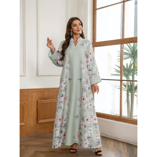 فستان ماكسي أخضر فاتح بنقشة الزهور وتفاصيل اللؤلؤ Abaya (dress)