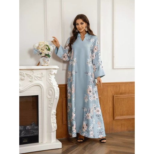 فستان ماكسي أخضر فاتح بنقشة الزهور وتفاصيل اللؤلؤ Abaya (dress)