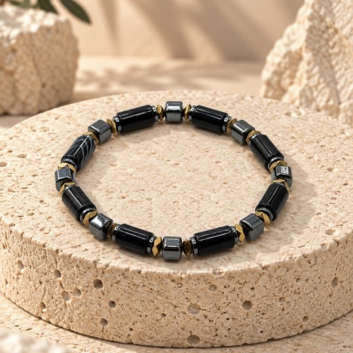 سوار عقيق اسود Black Yemeni Agate & Hematite Bracelet