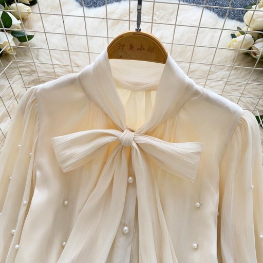 بلوزة أنيقة مزينة باللؤلؤ مع ياقة بربطة Elegant Blouse