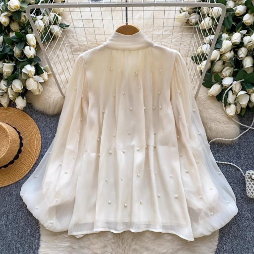 بلوزة أنيقة مزينة باللؤلؤ مع ياقة بربطة Elegant Blouse